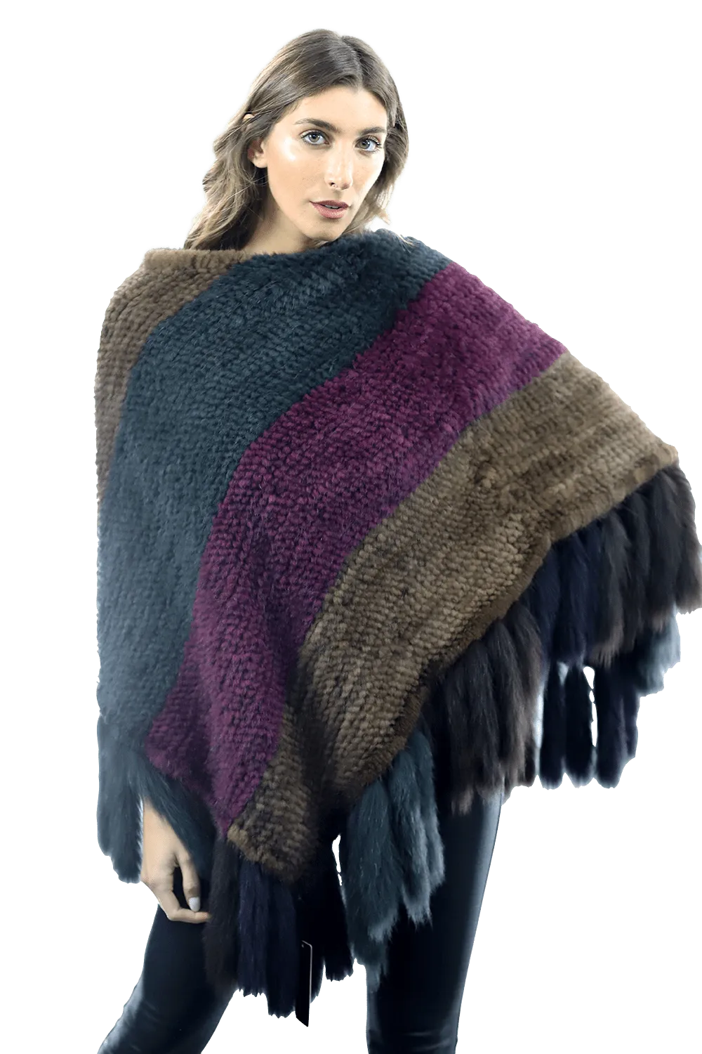 Multi Colored Mink Cape with Fox Fringe